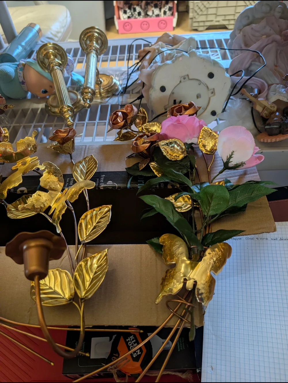 AT-1 Home Accents Gold Metal Rose Stems with Pink Fabric Roses